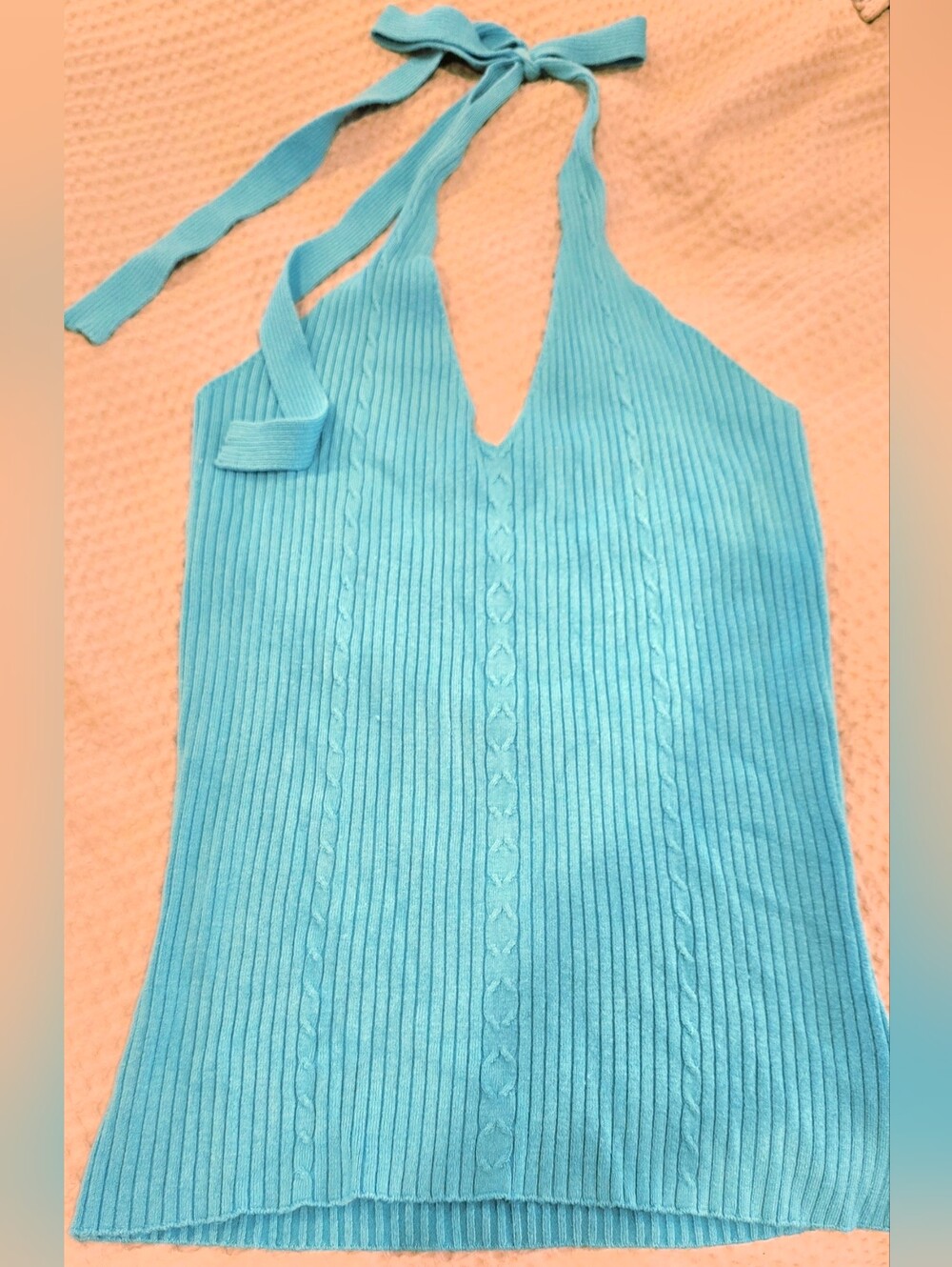 Daisy Fuentes Aqua Ribbed V-Neck Halter Sweater, M